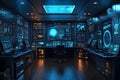 futuristic high tech control room with multiple digital screens and holographic interfaces displaying data and maps Royalty Free Stock Photo