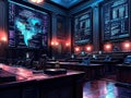 High-tech command center surveillance room with multiple screens displaying real-time data, charts, graphs, and Royalty Free Stock Photo