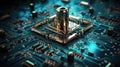 High tech computer chip motherboard with processor transistors microchips, computer IT data security concept, abstract Royalty Free Stock Photo