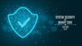 High-tech computer concept. A blue glowing neon shield made of binary code. Check mark. The system is protected. The dark scene