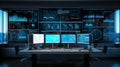 High Tech computer lab for data analytics with a lot of dashboards in several monitors, Generative AI Royalty Free Stock Photo