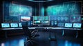 High Tech computer lab for data analytics with a lot of dashboards in several monitors, Generative AI Royalty Free Stock Photo
