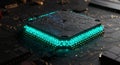 Futuristic Computer Processor with Glowing Blue Green Lights in High Tech Circuit Board Environment Royalty Free Stock Photo