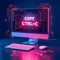 High-tech computer workspace with sleek monitor displaying neon \'COPY CTRL+C\' text over cosmic digital background Royalty Free Stock Photo