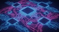 Abstract glowing computer microchips connected by neon blue and pink circuitry lines on a dark background Royalty Free Stock Photo