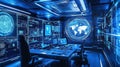 High-tech control room with digital maps and data displays, illuminated in blue light, showcasing advanced Royalty Free Stock Photo