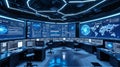 High-tech control room with digital screens displaying data and global maps in futuristic setting