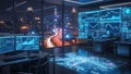 High-tech control room with multiple screens showing data and city view at night command center technology Royalty Free Stock Photo