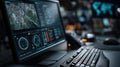 high tech control room featuring computer monitor displaying detailed maps and data analytics, creating atmosphere of advanced Royalty Free Stock Photo