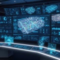 Futuristic command center with holographic displays and data visualizations Royalty Free Stock Photo