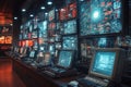 High-tech control room filled with monitors displaying data and digital interfaces Royalty Free Stock Photo