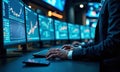 High tech control room futuristic displays data visualization