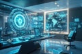 A futuristic control room features sleek technology with holographic displays presenting Royalty Free Stock Photo