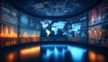 A high-tech control room with large curved screens displaying global data, graphs, and code, indicating advanced analytics Royalty Free Stock Photo