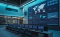 High-tech control room with large video wall displaying world map and data analysis. Royalty Free Stock Photo