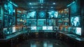 High-tech control room with multiple computer monitors displaying maps and data analysis. The room is illuminated by the screens Royalty Free Stock Photo