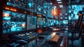 High-Tech Control Room with Multiple Monitors and Data Displays Royalty Free Stock Photo