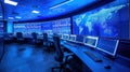 Global Network Operations Center with World Map Display and Data Analysis Monitors Royalty Free Stock Photo