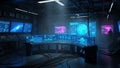 High- Tech Control Room with Multiple Monitors Displaying Data and Space Imagery high-tech Royalty Free Stock Photo