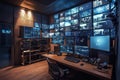 High-tech control room with multiple screens displaying cityscapes and data Royalty Free Stock Photo
