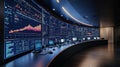 High-tech control room with multiple screens displaying complex data analytics, graphs, and charts in a modern monitoring center