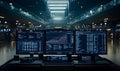 futuristic control room with multiple monitors displaying complex data analytics charts and graphs in a dimly lit high tech enviro Royalty Free Stock Photo