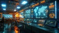 A futuristic Command Center with World Map Display and Multiple Monitoring Screens Royalty Free Stock Photo