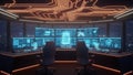 High-tech control room with multiple screens and futuristic design Royalty Free Stock Photo