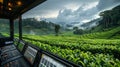 Advanced Control Room Monitoring Automated Irrigation in Lush Tea Plantation During Twilight Hours