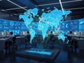 High-tech control room with world map visualization, isolated on white background isolated on white background Royalty Free Stock Photo