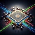 High-Tech CPU Chip on Modern Circuit Board with Glowing Connections Royalty Free Stock Photo