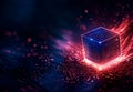High tech cube with glowing circuits and vibrant light trails, symbolizing advanced technology and digital innovation