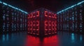 A high-tech cube illuminated with red and blue neon lights in a dark, futuristic setting, symbolizing advanced digital technology