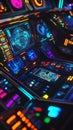 High-tech cyberpunk control panel featuring neon interfaces and glitch effects, showcasing intricate designs and vibrant colors Royalty Free Stock Photo