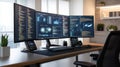 High-Tech Cybersecurity Analyst Desk with Multiple Monitors Royalty Free Stock Photo
