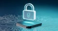 High-Tech Cybersecurity: Digital Padlock Protecting Sensitive Data on a Futuristic Microchip Royalty Free Stock Photo