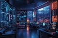 Cybersecurity operations center urban landscape digital workspace high-tech environment night view data analytics Royalty Free Stock Photo