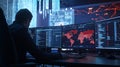 Cyberwarfare room displays Russian hack targeting European systems with multiple screens showcasing real-time data Royalty Free Stock Photo