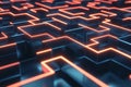 A high-tech 3D abstract background featuring a geometric maze of glowing, interconnected pathways,
