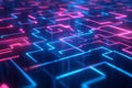 A high-tech 3D abstract background featuring a geometric maze of glowing, interconnected pathways,