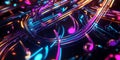 A high-tech 3D abstract background with levitating neon treble and bass clefs intertwined in a Royalty Free Stock Photo