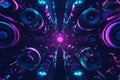 A high-tech 3D background featuring levitating speaker orbs arranged in a symmetrical pattern,