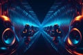 A high-tech 3D background featuring levitating speaker orbs arranged in a symmetrical pattern,