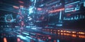 A high-tech 3D background showcasing a holographic user interface projected in mid-air, with