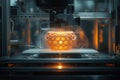 High-tech 3D printer building intricate object with precision in dimly lit setting