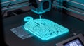 High-tech 3D printer creates intricate cyan illuminated object on a dark surface Royalty Free Stock Photo