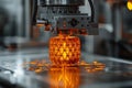 High-tech 3D printing process creates intricate orange object in modern workshop Royalty Free Stock Photo