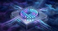 Futuristic AI microchip with glowing neural network core in digital cyber space 3D render Royalty Free Stock Photo