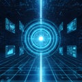 Futuristic Digital Cyber Tunnel with Glowing Blue Core and Data HUD Interfaces Royalty Free Stock Photo