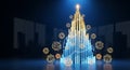 A high-tech 3D render visualizes market growth and high investment returns using a glowing holographic bar graph Christmas tree, s Royalty Free Stock Photo
